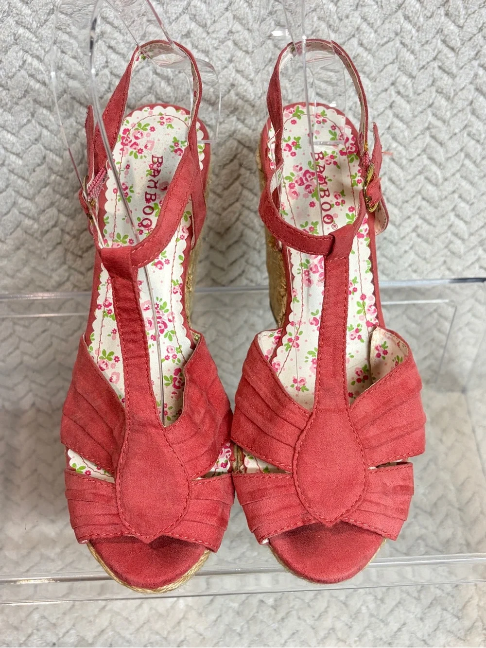 Bamboo Coral Red Espadrille Wedge Sandals 6 Floral T-Strap Cottagecore Y2K